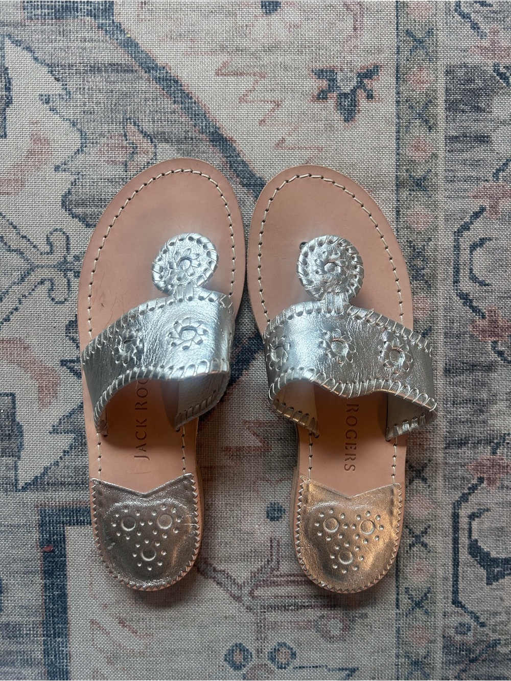 Jack Rogers Silver Metallic Leather Flat Sandals with Signature Medallion